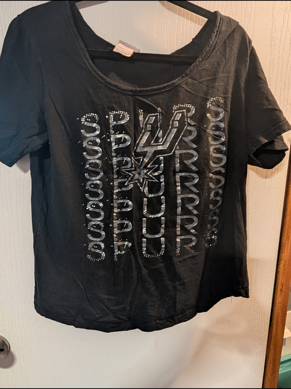 Black Women's Short Sleeve Graphic Tee with Metallic Accent (B135)